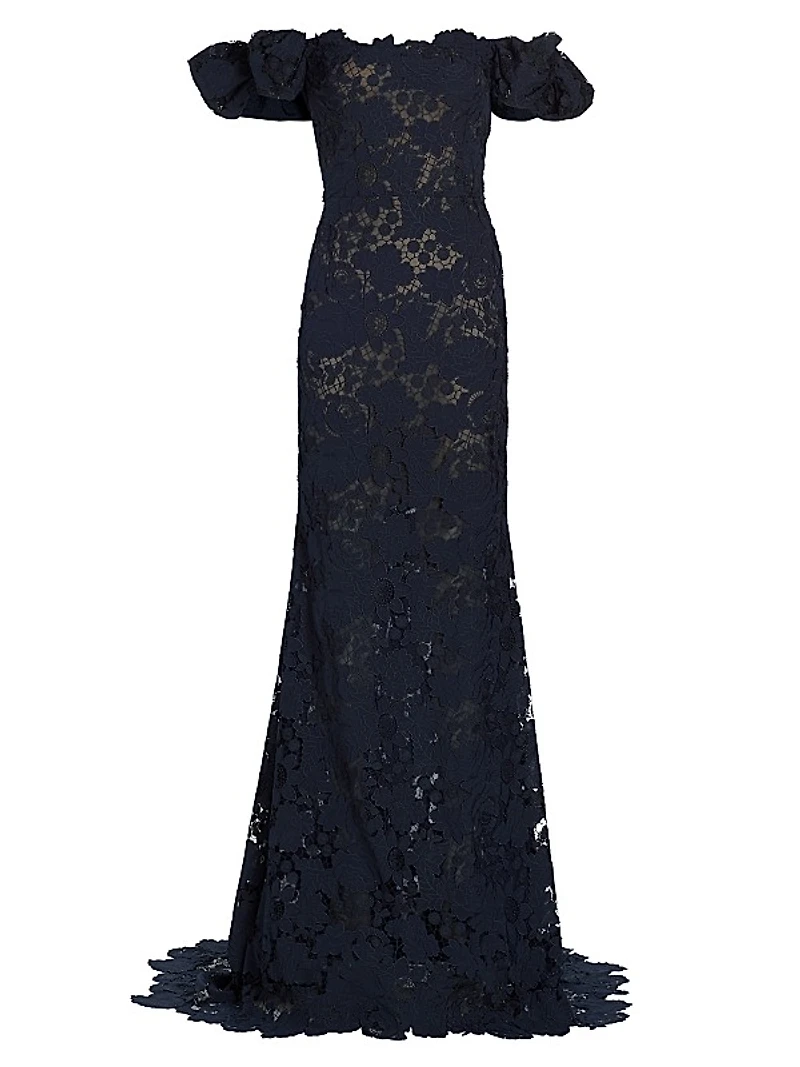 Botanical Guipure Lace Off-the-Shoulder Gown