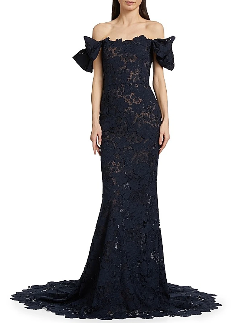 Botanical Guipure Lace Off-the-Shoulder Gown