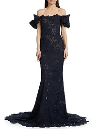 Botanical Guipure Lace Off-the-Shoulder Gown