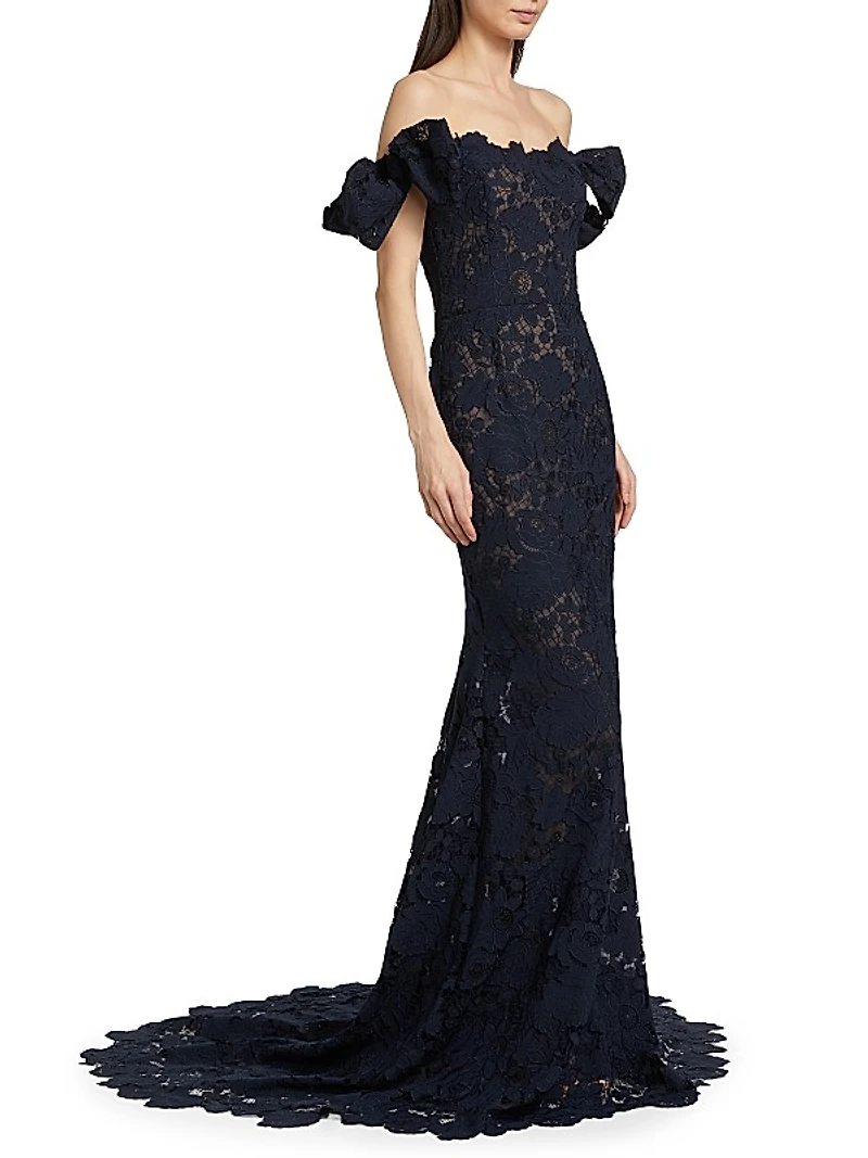 Botanical Guipure Lace Off-the-Shoulder Gown