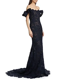 Botanical Guipure Lace Off-the-Shoulder Gown