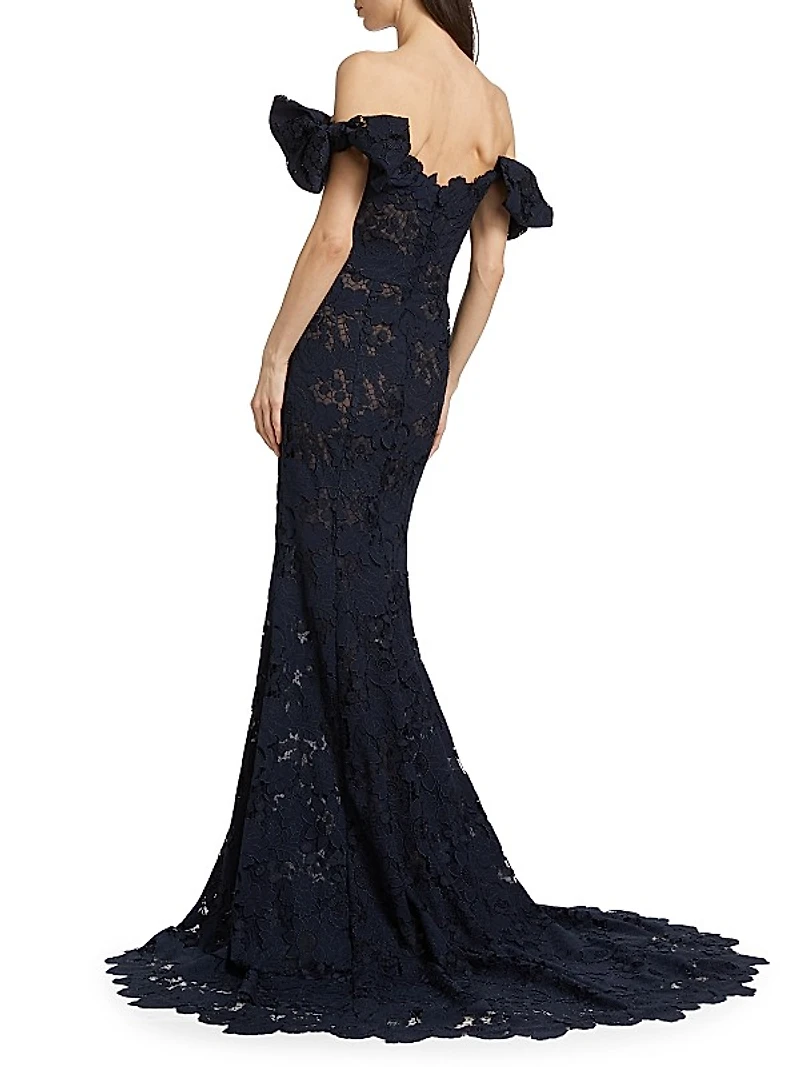 Botanical Guipure Lace Off-the-Shoulder Gown