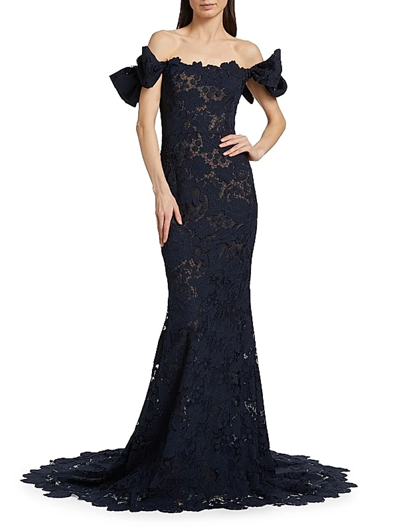 Botanical Guipure Lace Off-the-Shoulder Gown