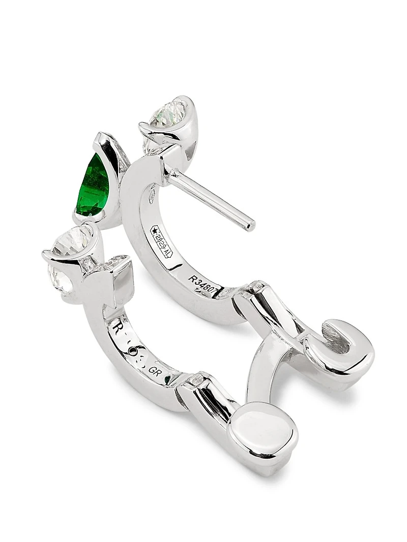 Serti Sur Vide 18K White Gold, 0.52 TCW Diamond & Emerald Single Huggie Hoop Earring - Left Or Right