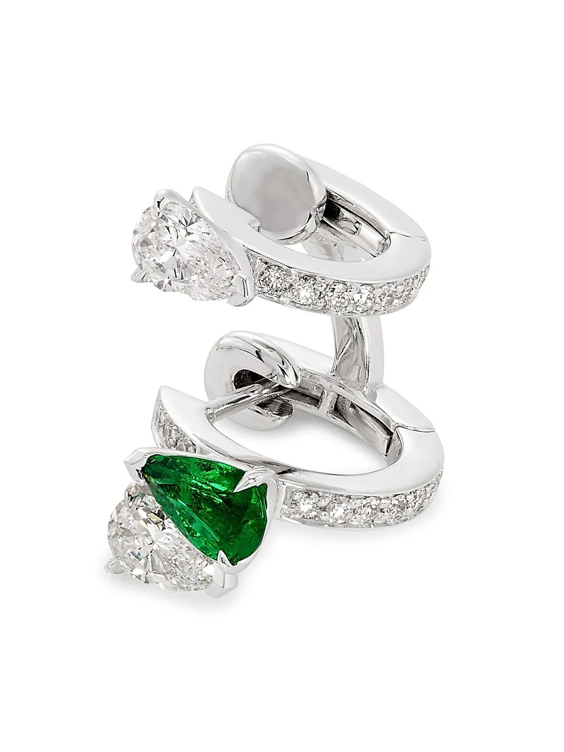Serti Sur Vide 18K White Gold, 0.52 TCW Diamond & Emerald Single Huggie Hoop Earring - Left Or Right