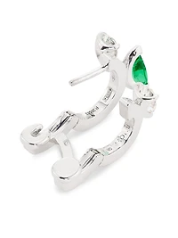 Serti Sur Vide 18K White Gold, 0.52 TCW Diamond & Emerald Single Huggie Hoop Earring - Left Or Right