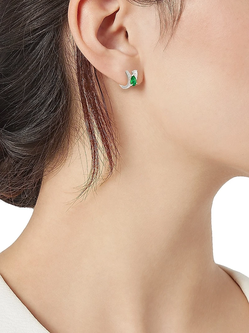 Serti Sur Vide 18K White Gold, Emerald & 0.28 TCW Diamond Single Huggie Hoop Earring - Left Or Right