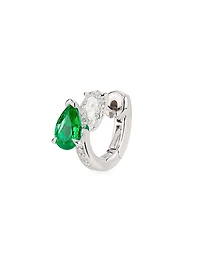 Serti Sur Vide 18K White Gold, Emerald & 0.28 TCW Diamond Single Huggie Hoop Earring - Left Or Right