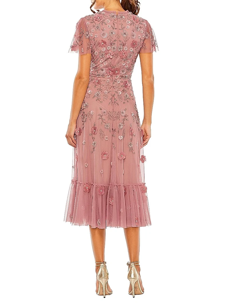 Sequined Floral Tulle Midi-Dress