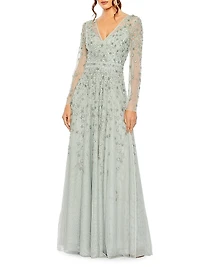 Sequin Embellished Long-Sleeve Gown