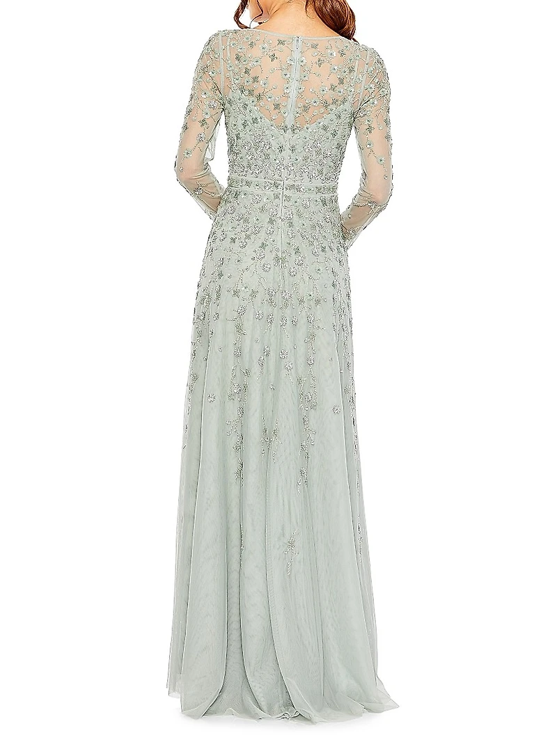 Sequin Embellished Long-Sleeve Gown