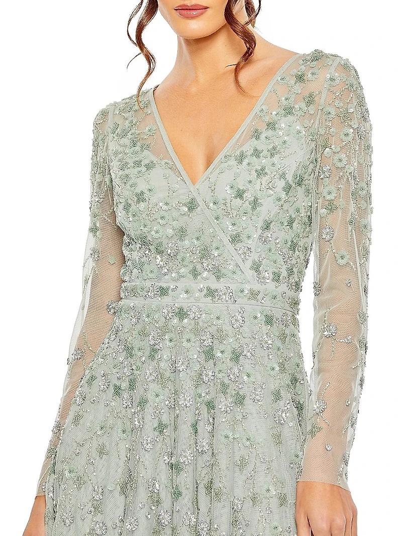 Sequin Embellished Long-Sleeve Gown