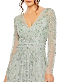 Sequin Embellished Long-Sleeve Gown