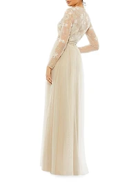 Sequin-Embellished Long-Sleeve Gown