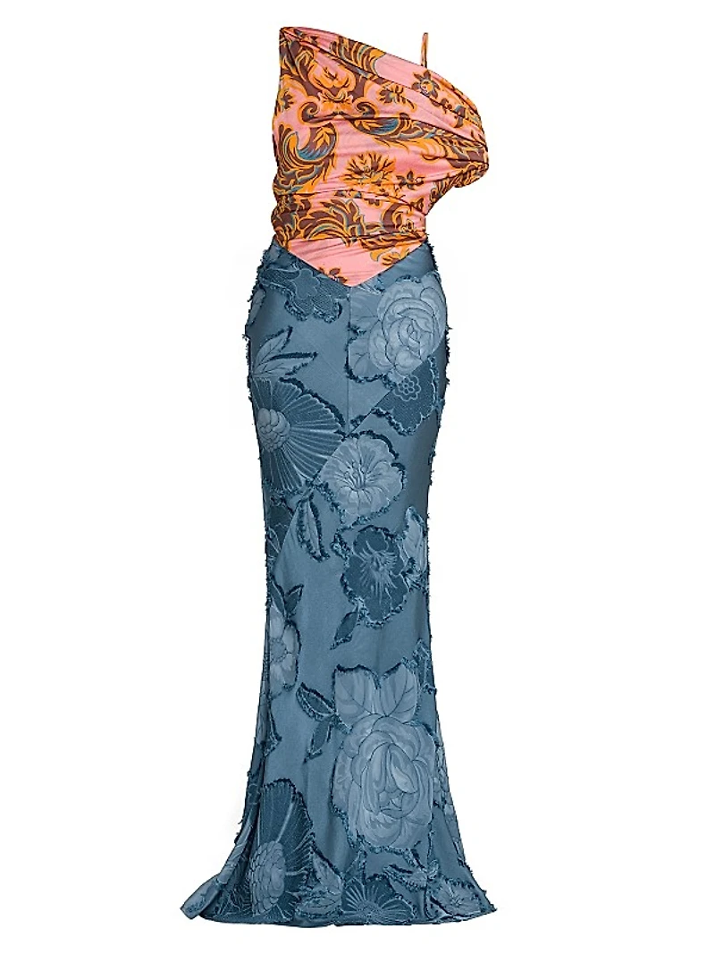 Paisley & Burnout Velvet One-Shoulder Gown