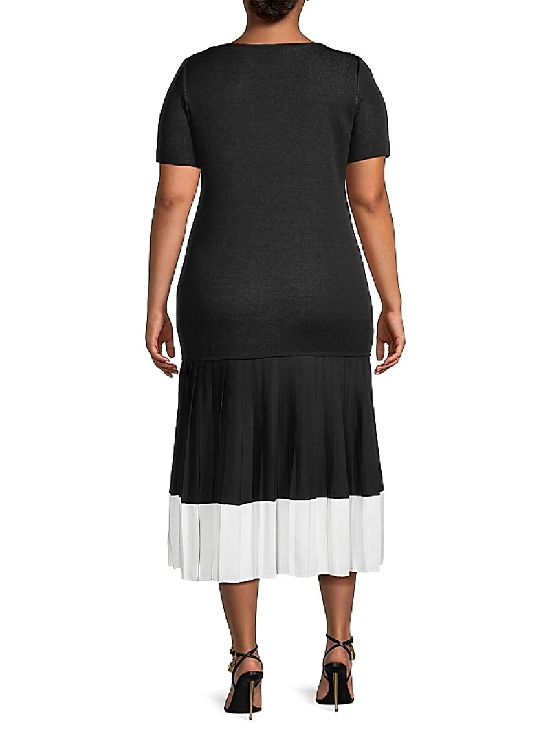 Plus Mix Media Drop-Waist Midi-Dress