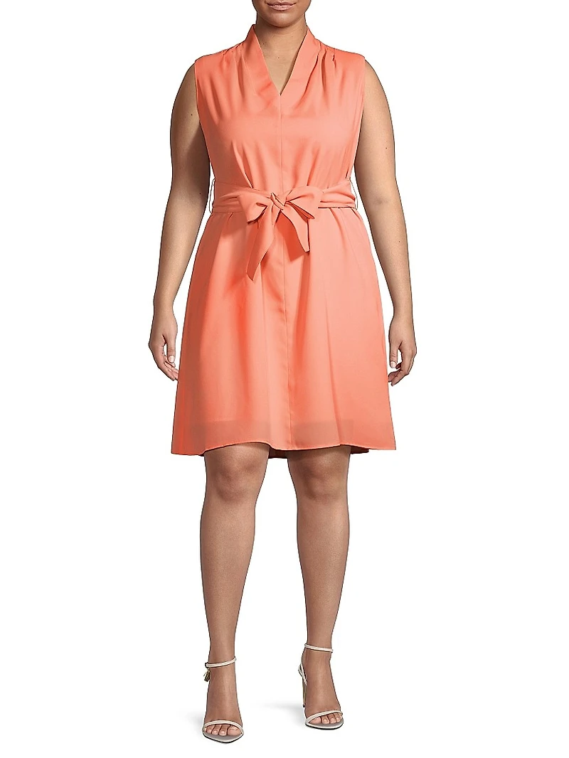 Plus A-Line Tie-Waist Sleeveless Dress