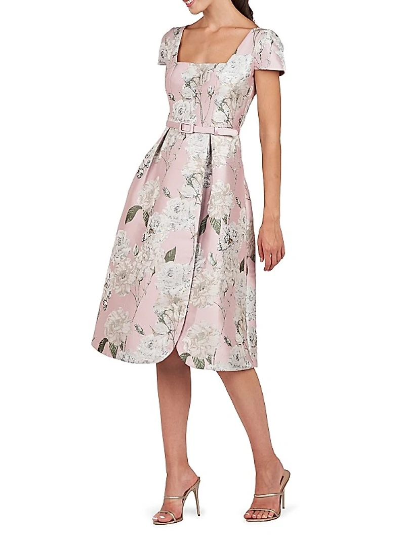 Mira Floral Jacquard Belted Midi-Dress
