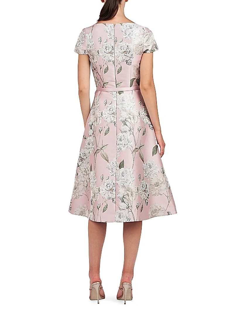 Mira Floral Jacquard Belted Midi-Dress
