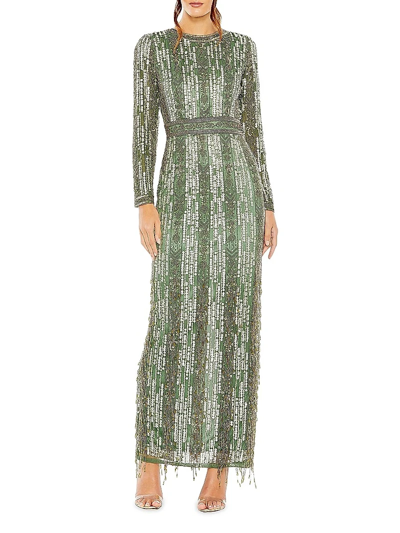 Crystal-Embellished Long-Sleeve Column Gown