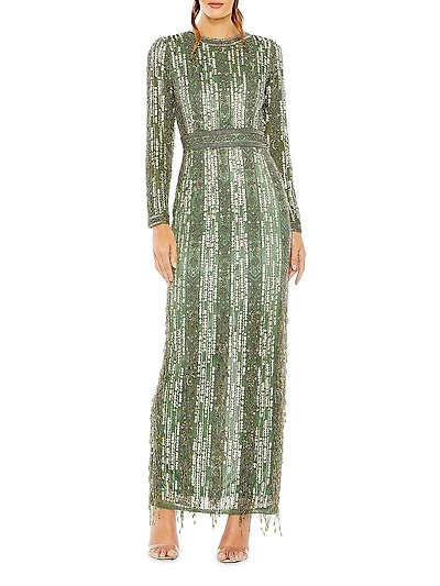 Crystal-Embellished Long-Sleeve Column Gown