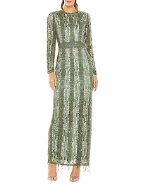 Crystal-Embellished Long-Sleeve Column Gown