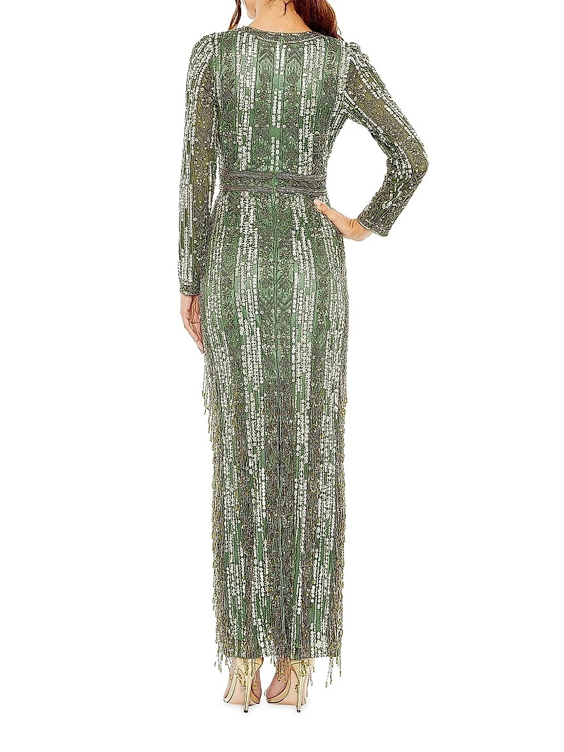 Crystal-Embellished Long-Sleeve Column Gown