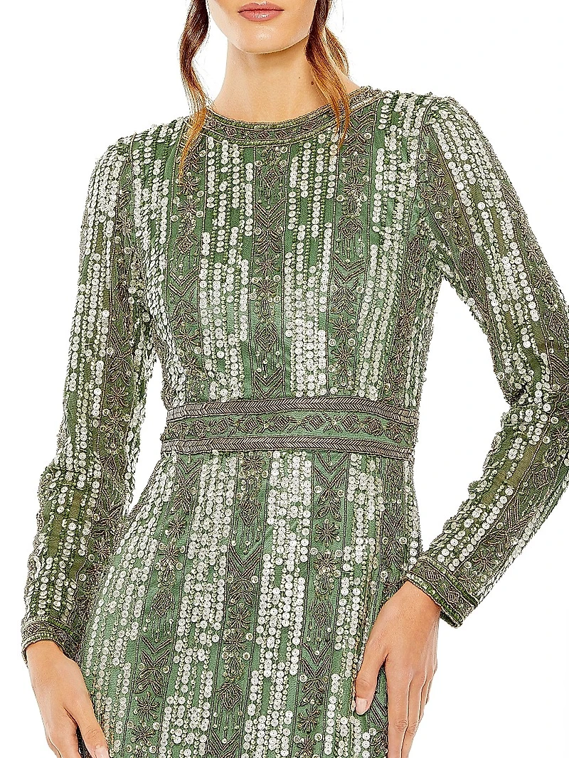 Crystal-Embellished Long-Sleeve Column Gown