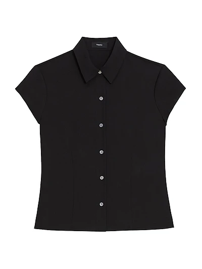 Cap-Sleeve Silk Button-Front Shirt