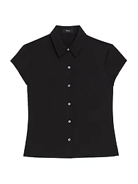 Cap-Sleeve Silk Button-Front Shirt