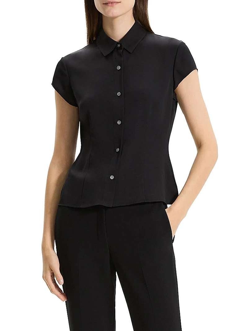 Cap-Sleeve Silk Button-Front Shirt