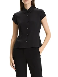 Cap-Sleeve Silk Button-Front Shirt