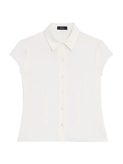 Cap-Sleeve Silk Button-Front Shirt