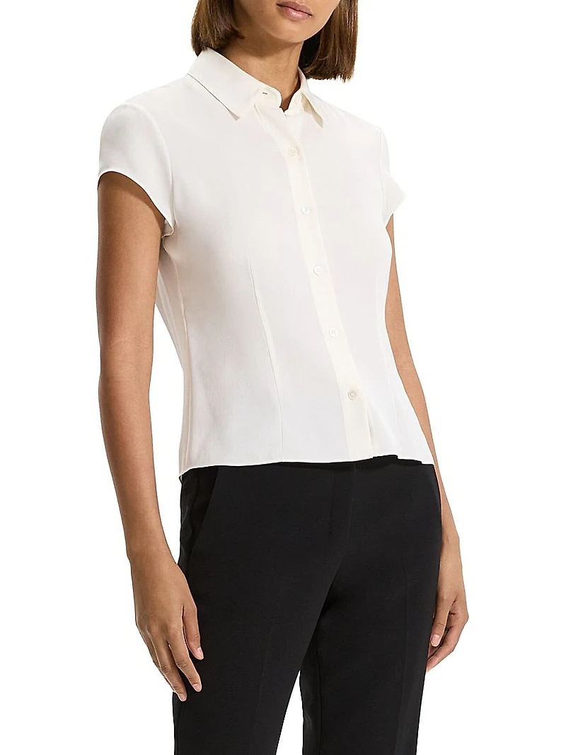 Cap-Sleeve Silk Button-Front Shirt
