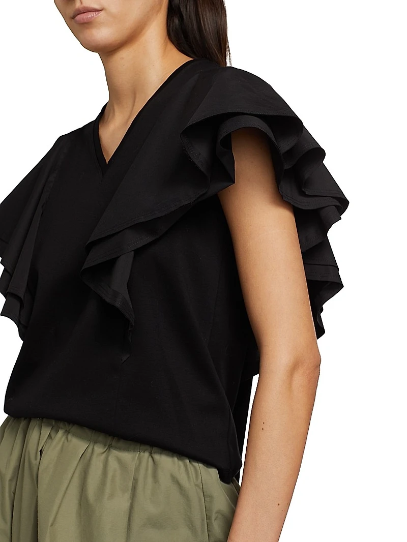 Cotton Ruffled V-Neck T-Shirt