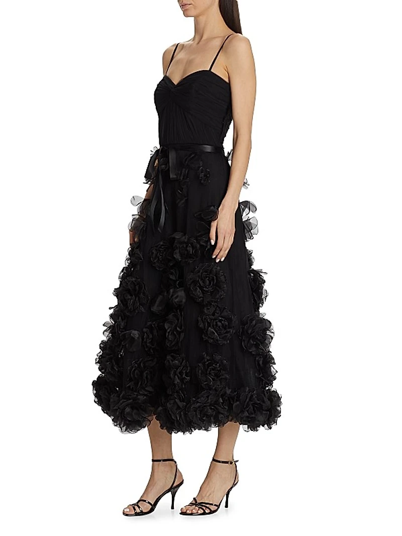 3D Rose-Embellished Tulle Cocktail Gown