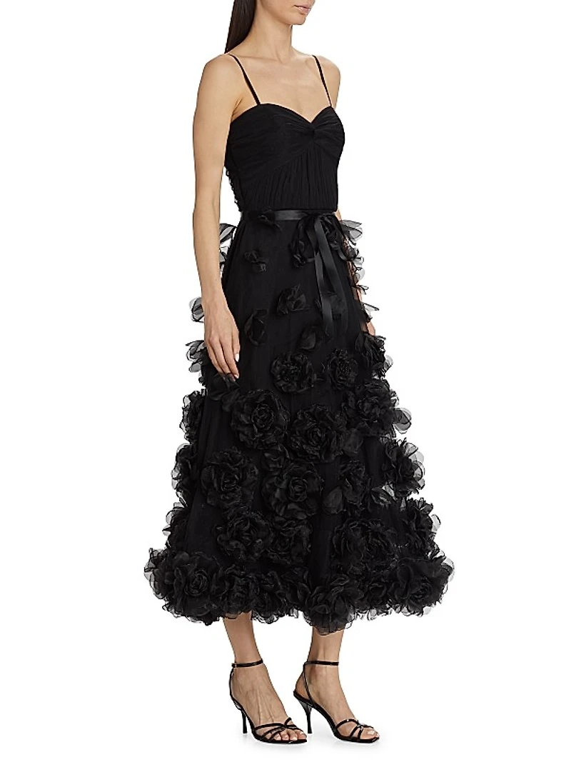 3D Rose-Embellished Tulle Cocktail Gown