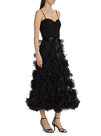 3D Rose-Embellished Tulle Cocktail Gown