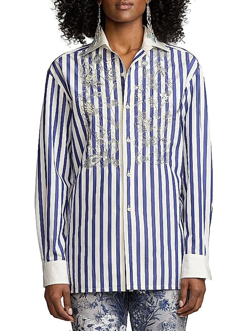 Capri Umbrella Embellished Floral-Embroidered Shirt
