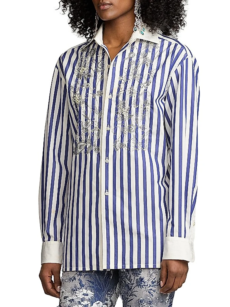 Capri Umbrella Embellished Floral-Embroidered Shirt