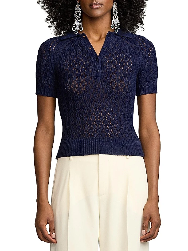 Silk Openwork Knit Polo Shirt