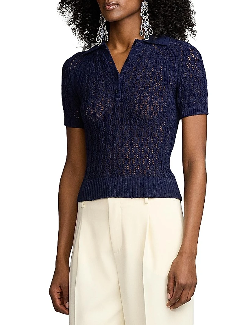 Silk Openwork Knit Polo Shirt