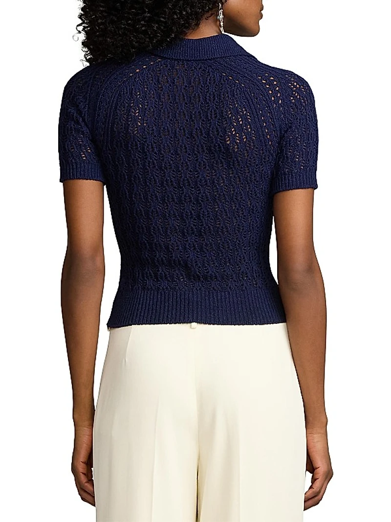 Silk Openwork Knit Polo Shirt