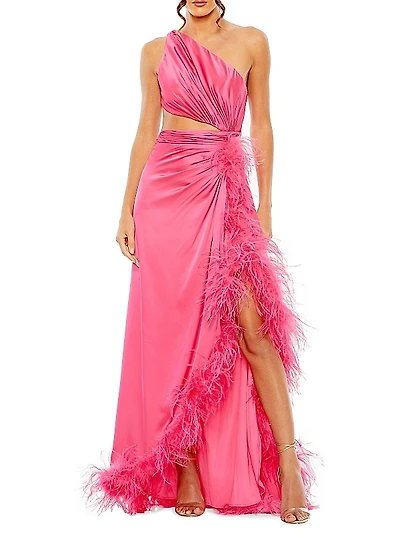 Asymmetric Feathered Ruched Satin Gown