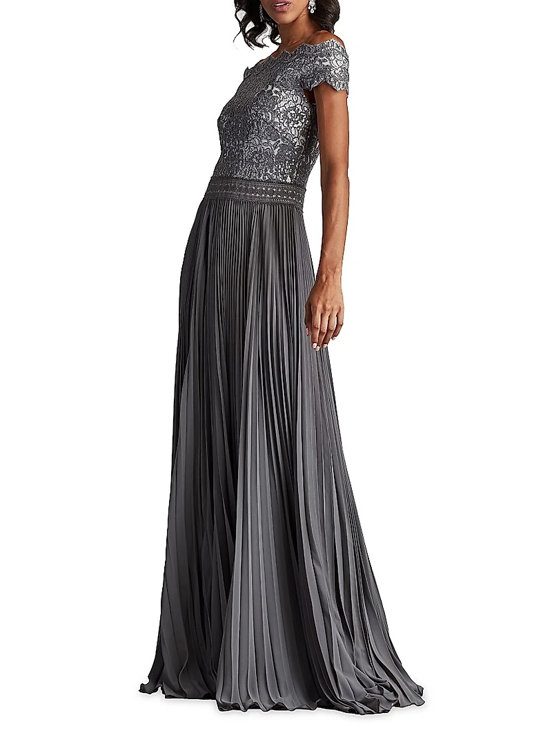 Sequin Corded Lace Pleated Chiffon Gown