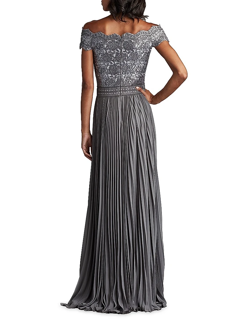 Sequin Corded Lace Pleated Chiffon Gown