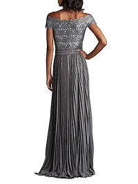 Sequin Corded Lace Pleated Chiffon Gown