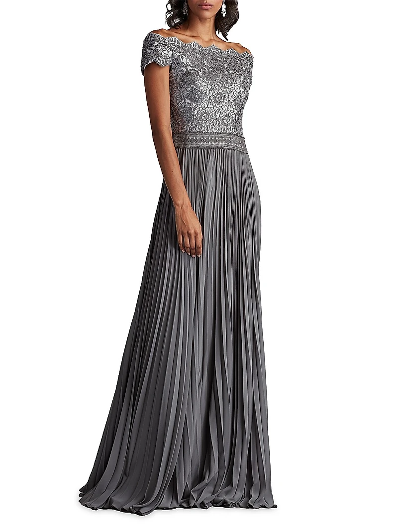 Sequin Corded Lace Pleated Chiffon Gown