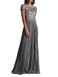 Sequin Corded Lace Pleated Chiffon Gown