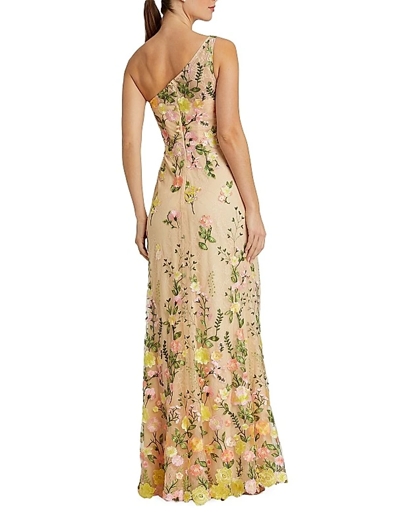 One-Shoulder Floral Embroidered Gown